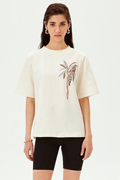 Allyco Πλεκτό μπλουζάκι με κεντημένη φιγούρα παπαγάλου με λαιμόκοψη από βαμβακερό άνετο πλεκτό μπλουζάκι