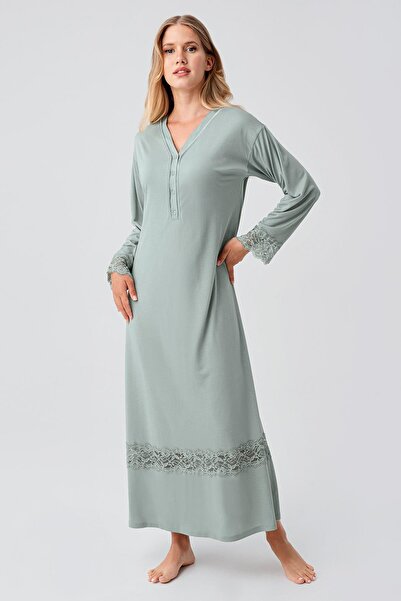 Artış Cămașă de noapte elastică, vâscoasă, cu mânecă lungă, cu nasturi