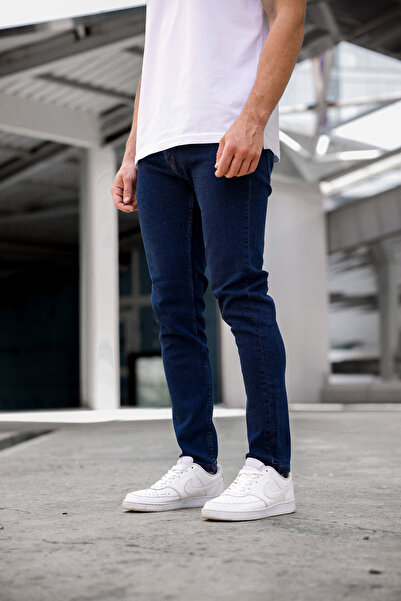 Newtime بنطال جينز رجالي من الدنيم المرن ذو قصة ضيقة باللون الأزرق الداكن