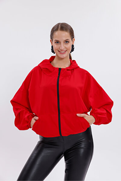 Montland Women's Red Hooded Waterproof and Windproof Oversize Raincoat with Pockets