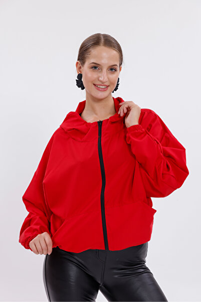 Montland Women's Red Hooded Waterproof and Windproof Oversize Raincoat with Pockets