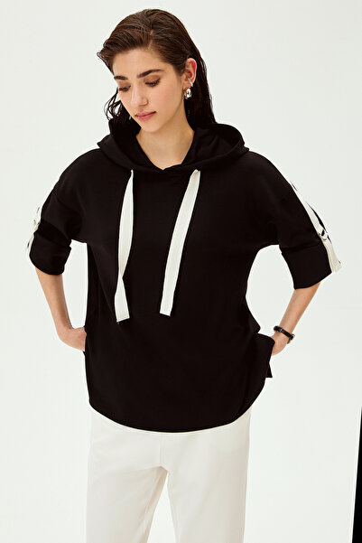 Allyco Πλεκτό φούτερ με λεπτομέρεια Grograin με κουκούλα με τρία τέταρτα μανίκια