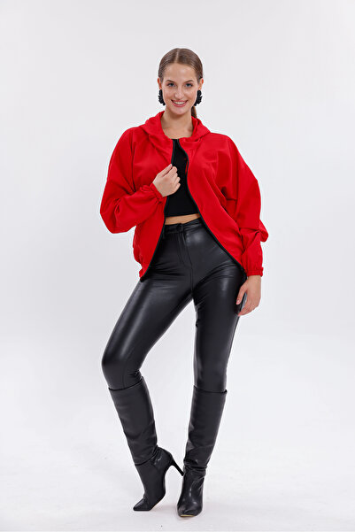 Montland Women's Red Hooded Waterproof and Windproof Oversize Raincoat with Pockets