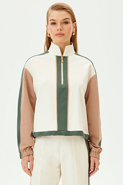 Allyco Adjustable Gathered Stand Collar Gold Zippered Comfortable Fit Knitted Sweatshirt