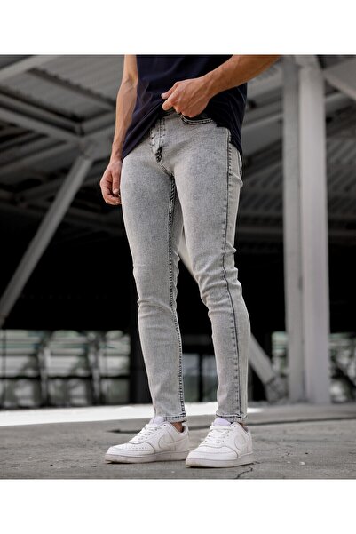 Newtime Men's Light Gray Snow Wash Slim Fit Slim Fit Lycra Stretch Jean Jeans