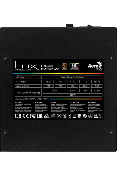 AEROCOOL LUX RGB 650W Power Supply 230V APFC UK Box ATX PSU with 80+ , Smart RGB Lighting