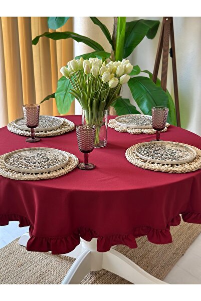 Decamor home Cotton Stain-Resistant Water-Repellent Burgundy Ruffled Round Tablecloth