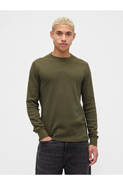 GAP Erkek Yeşil Logo Waffle-Knit Bisiklet Yaka T-Shirt