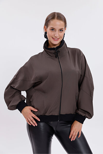 Royalside Khaki Women's Oversize Crop Top - Water and Windproof, Stand Collar Seasonal Raincoat Windbreaker