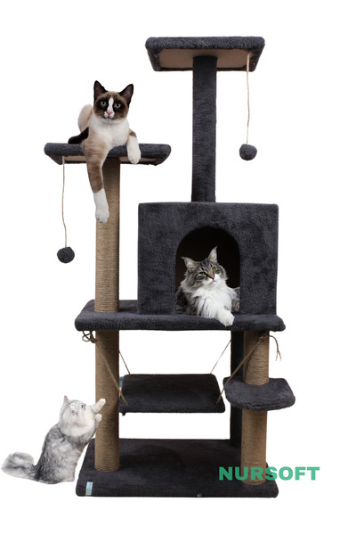 Nursoft Y-01 Salıncaklı Yuvalı Lüx Kedi Tırmalama Oyun Evi-Antrasit