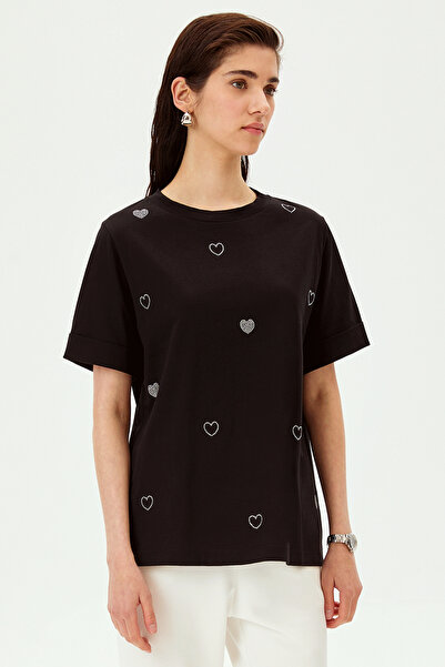 Allyco Heart Stone Detailed Crew Neck Cotton Regular Knitted T-Shirt