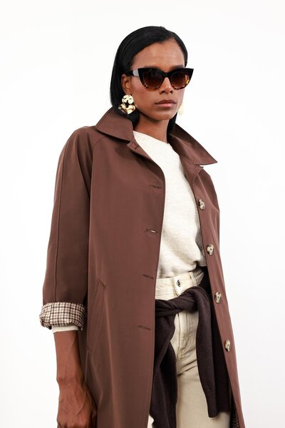 5in1Canpolat Brown Houndstooth Lined Trench Coat 0320