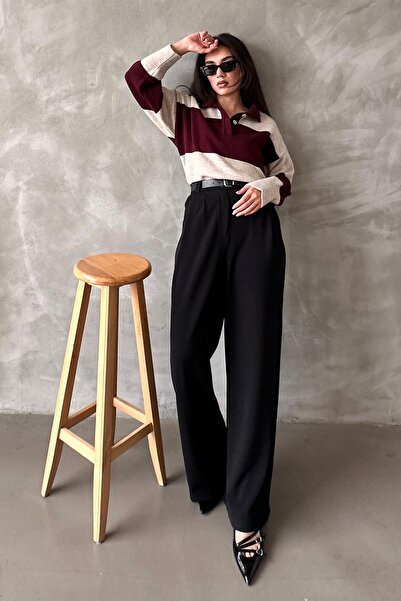 Madmext Siyah Çift Pileli Kemerli Pantolon Mg2330