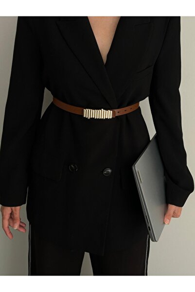 LİA KEMER Striped Gold Buckle Belt