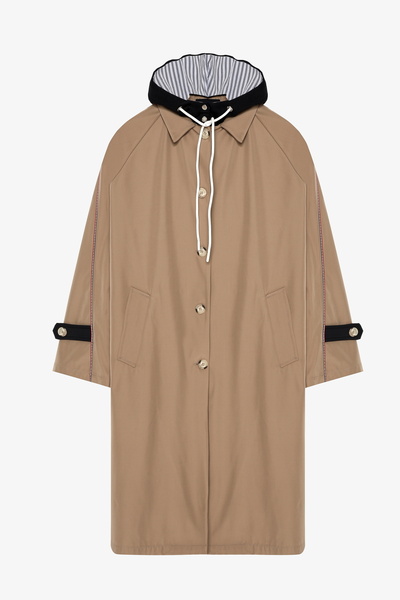 Quzu Hooded Contrast Collar Detailed Oversized Trench Coat Camel