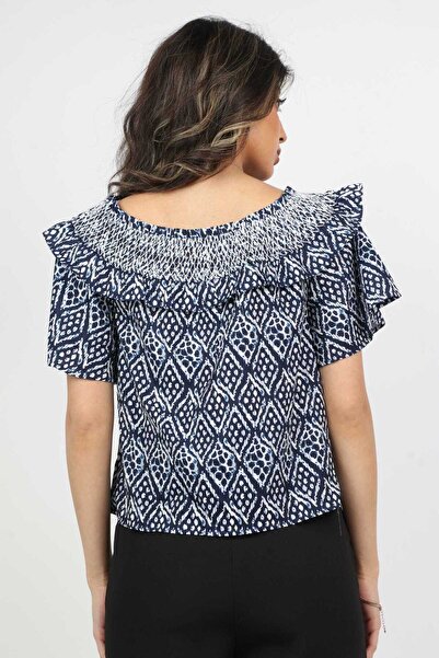 Nichii Women's Short Sleeve Open Neck Printed Blouse