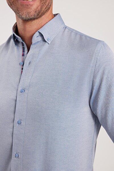 Tudors Erkek Slim Fit Dar Kesim Uzun Kollu Pamuklu Oxford Doku Kolay Ütülenebilir Gri Düğmeli Yaka Gömlek