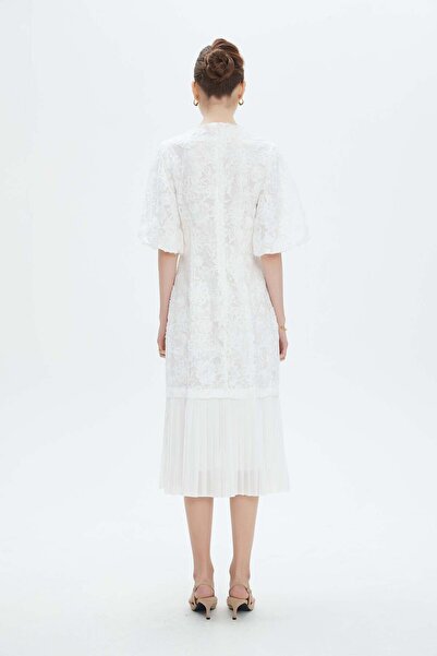 Nichii Women's Pleated Midi Dress with Half Sleeves and Fitted Waist