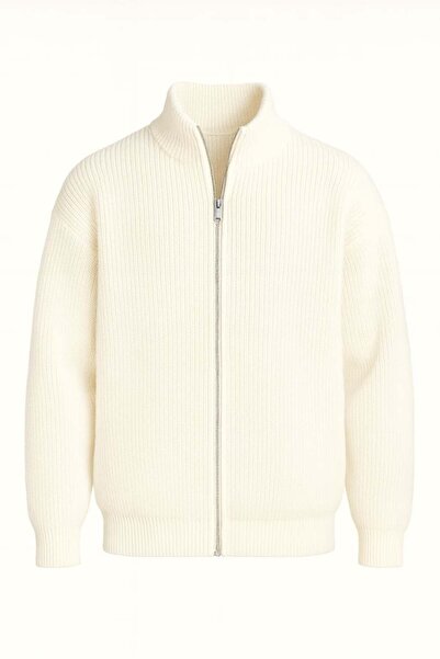 Valiberta Woody Oversize Thessaloniki Knitted Zippered Men's Cardigan - Ecru
