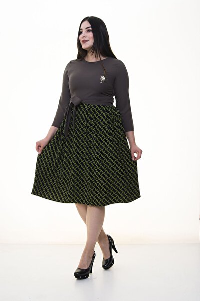 modayız Green Flared Skirt Plus Size Dress 25B-094399