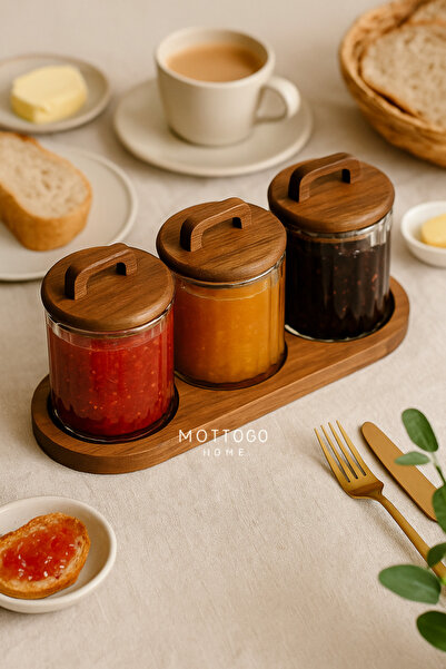 Mottogo Set of 3 Acacia Vacuum Lid Glass Jars (3X600Ml)