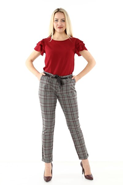 modayız Gray Burgundy Plaid Fabric Trousers L1-1684