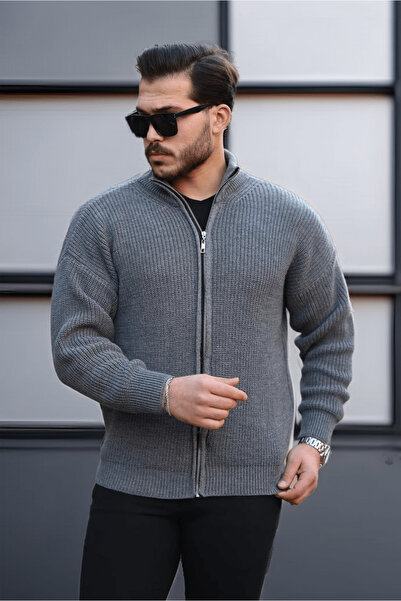 Valiberta Woody Oversize Selanik Örme Fermuarlı Erkek Hırka- Füme