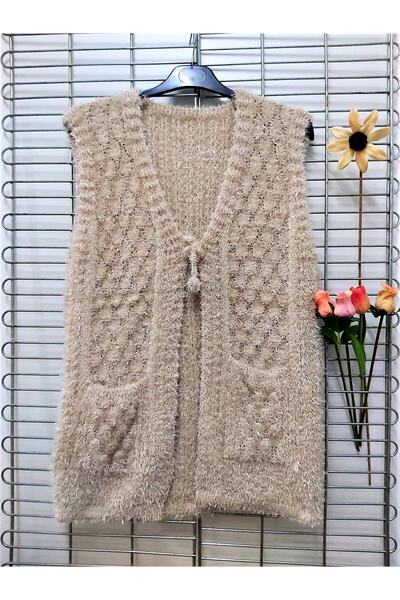 Çt Çeyizci Tekstil Γυναικείο γιλέκο Soft Knitting Pocket Γιλέκο, Προίκα Πλεκτό Γιλέκο - Καπουτσίνο