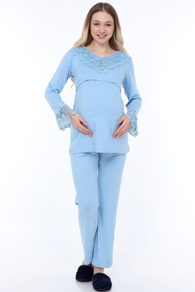 Luvmabelly Myra9511 - Dantelli Düğmeli Flaplı Hamile Pijama Takımı - Mavi