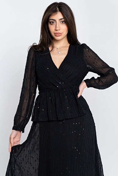 Nichii Long Maxi Dress with Sheer Long Sleeves and Seven Neckline