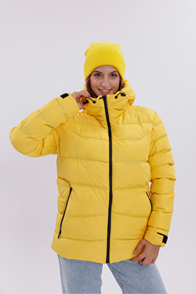 Royalside Kadın Sarı Kapüşonlu Içi Polarlı Kürklü Su Geçirmez Rüzgara Dayanıklı Şişme Mont Kaban Parka