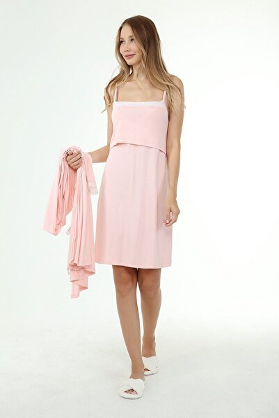 Luvmabelly Myra9650 Νυχτικό θηλασμού με ρόμπα, μπροστινή θήκη και δαντέλα - ροζ