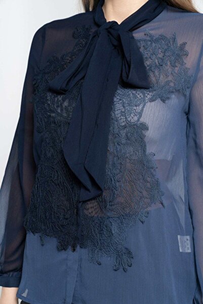 Nichii Women's Long Sleeve Solid Blouse with Neck Tie