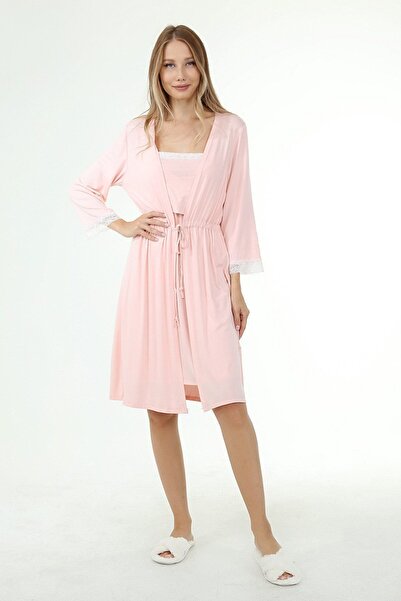 Luvmabelly Myra9650 Νυχτικό θηλασμού με ρόμπα, μπροστινή θήκη και δαντέλα - ροζ