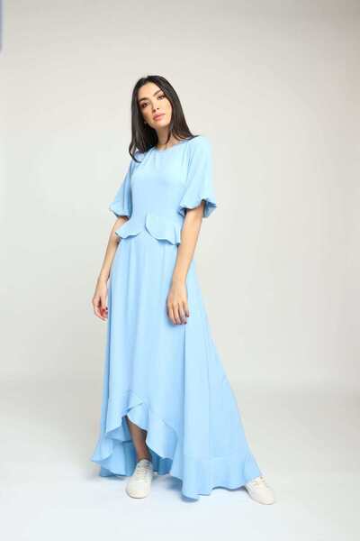 Nichii Solid Long Ruffle Dress with Short Sleeves