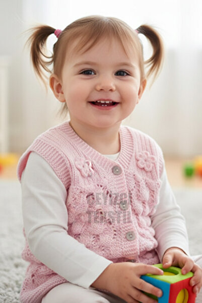 Çt Çeyizci Tekstil Bebek Yeleği Triko Bebek Yeleği Papatya Desenli Bebe Yeleği Pudra