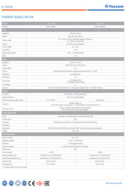 TESCOM TEOS+106 6KVA 16x12V 7AH Akülü 1F/1F ONLİNE LCD Ekranlı