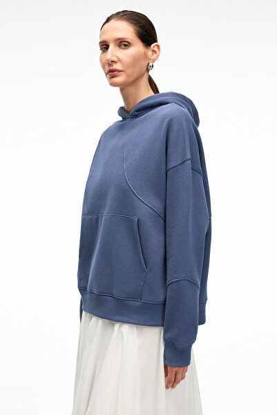 GRIMELANGE Elyra Women's Oversize Stitching Detailed Hooded Navy Blue Sweatshirt