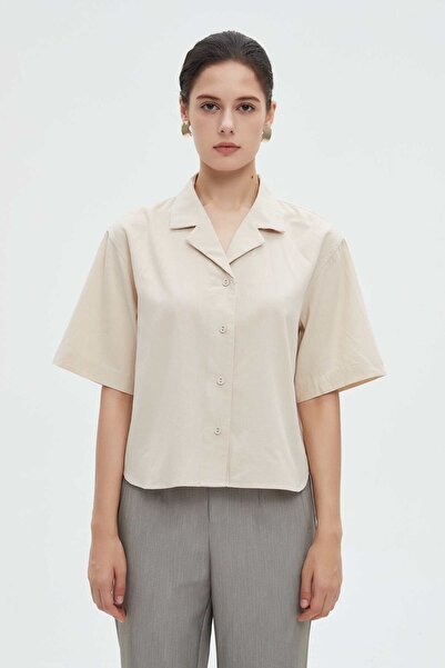 mica Women's Short Sleeve Solid Blouse with Front Button Placket