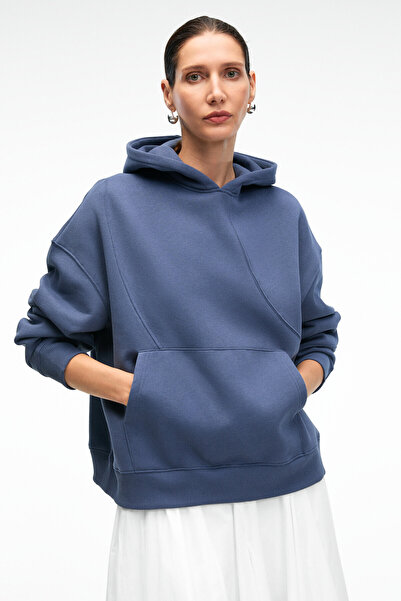 GRIMELANGE Elyra Women's Oversize Stitching Detailed Hooded Navy Blue Sweatshirt