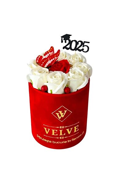 velve Aranjament floral VLV, 9 trandafiri sapun, in cutie rosie de catifea, c...