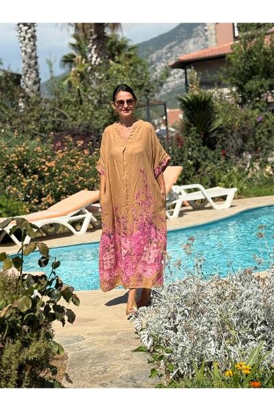 Punta Otantik YG205050 İtalyan V Yaka Çiçekli Keten Elbise Camel
