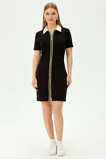 Allyco Rochie neagră slim cu guler contrastant cu fermoar