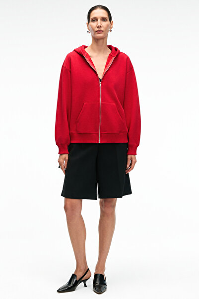 GRIMELANGE VALENYA Kadın Oversize Kapüşonlu Balon Kollu Metal Fermuarlı Kırmızı Sweatshirt