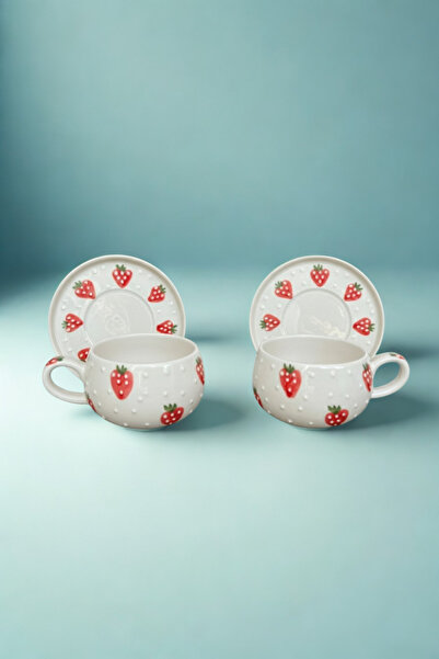 Home El Yapımı Beren Çilek Desenli Tabaklı 2'li Kupa Seti Mug – Kahve ve Çay Seti