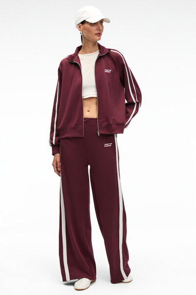 GRIMELANGE Zinnie Women's Regular Embroidery and Side Stripe Detailed Metal Zipper Stand Collar Claret Red Jacket