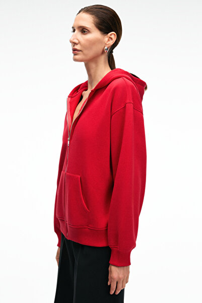 GRIMELANGE VALENYA Kadın Oversize Kapüşonlu Balon Kollu Metal Fermuarlı Kırmızı Sweatshirt