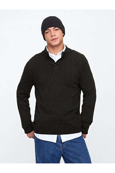 GAP Erkek Siyah Henley Düğmeli Balıkçı Yaka Kazak