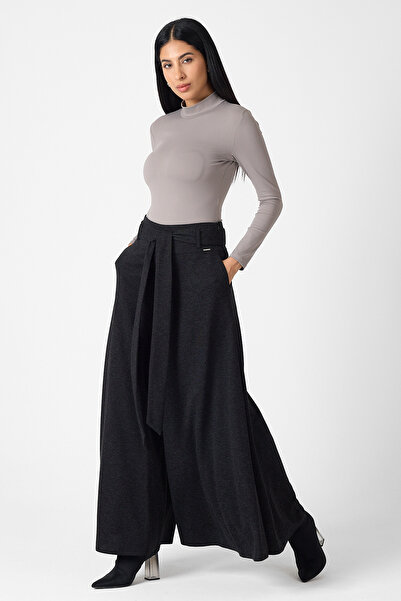 Guzella Kuşak Detaylı Bol Paça Kışlık Yün Antrasit Pantolon