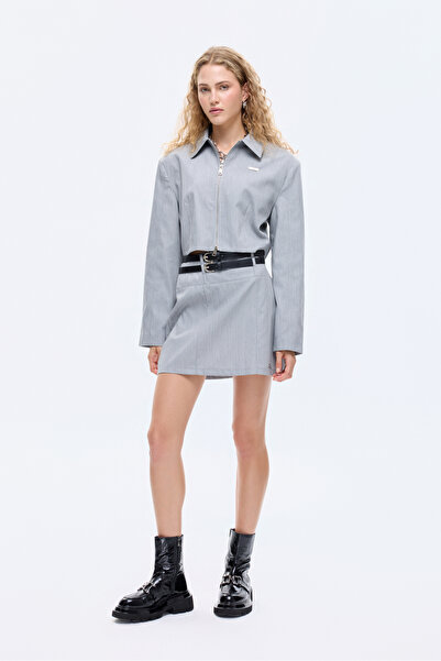 Quzu Shirt Collar Zippered Short Jacket Gray